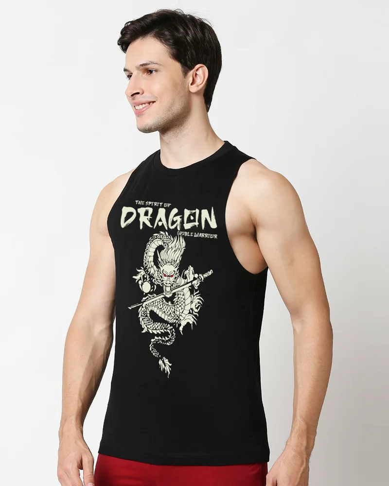 بيواكوف Men's Jet Black Dragon Graphic Printed Oversized Vest